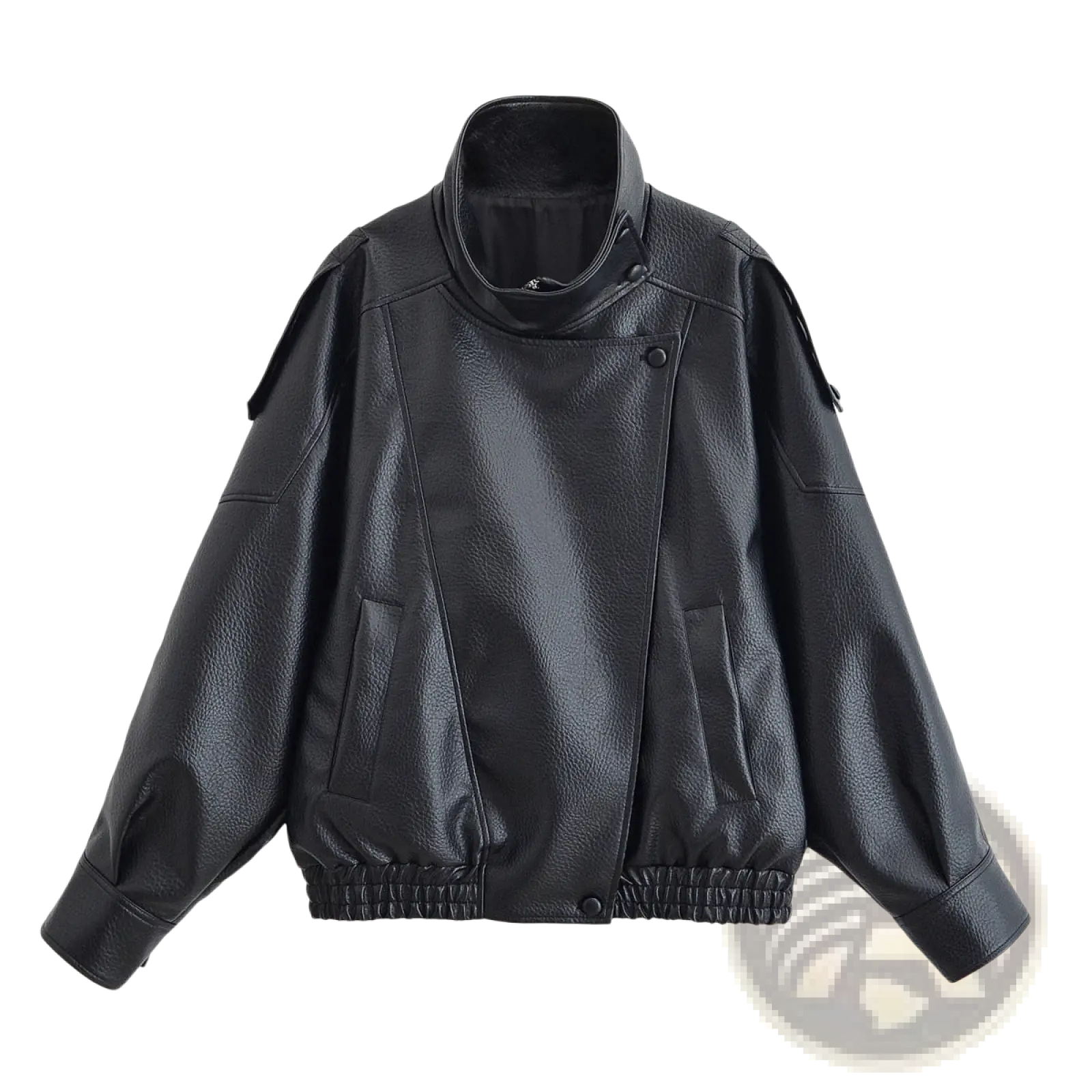 Black litchi leather bomber jacket for women with high collar elastic cuffs and waistband in black faux leather
