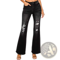 Black low rise distressed flared denim jeans with ripped knee details in black color for casual wear