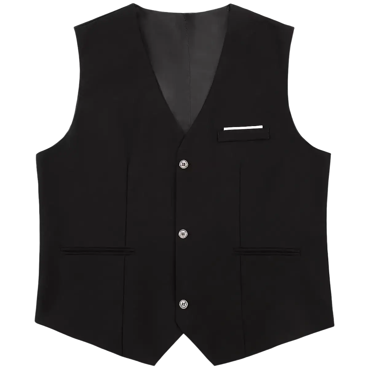 Black mens formal suit vest with silver buttons and matching pocket square for business and wedding occasions