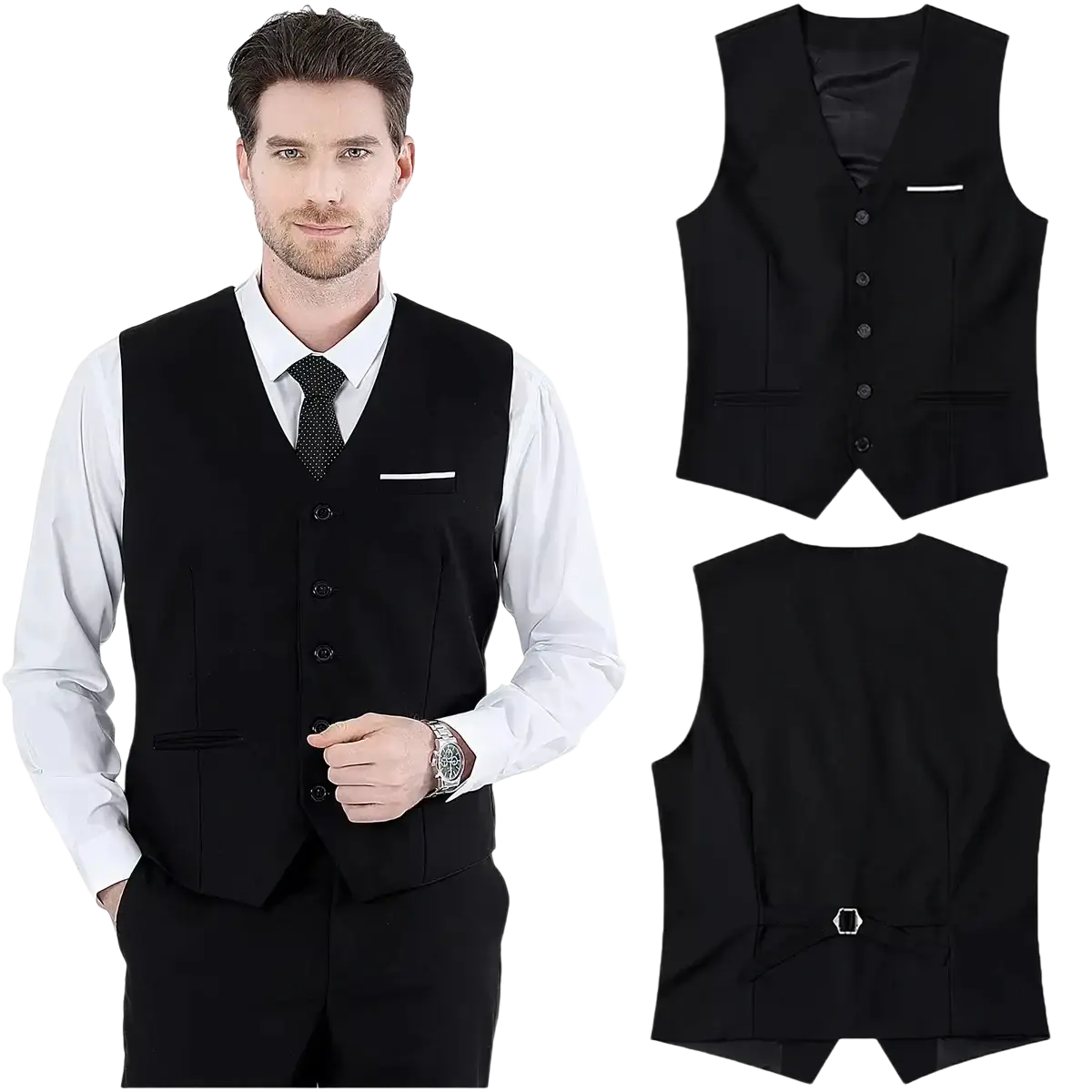 Black mens formal suit vest with five buttons, welt pocket, and matching black satin lining for business or wedding