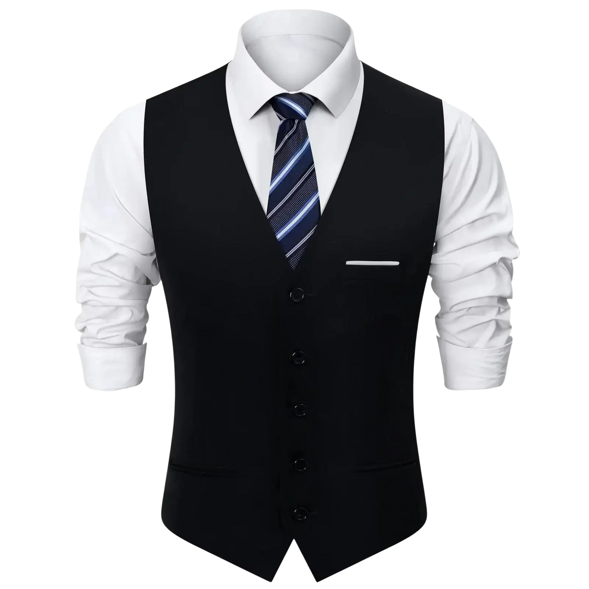 Black mens formal suit vest with five black buttons and a white pocket square for business and wedding wear