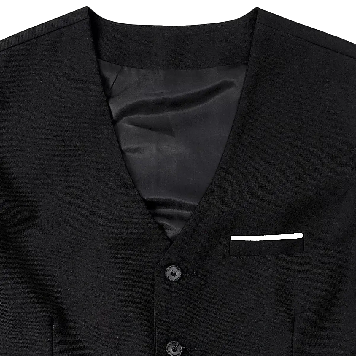 Black mens formal suit vest with satin-lined interior and subtle white pocket square for business and weddings