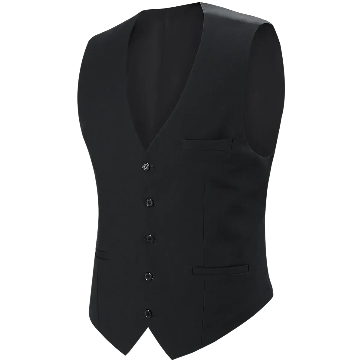 Black mens formal suit vest with v neck five buttons and two flap pockets ideal for business and weddings