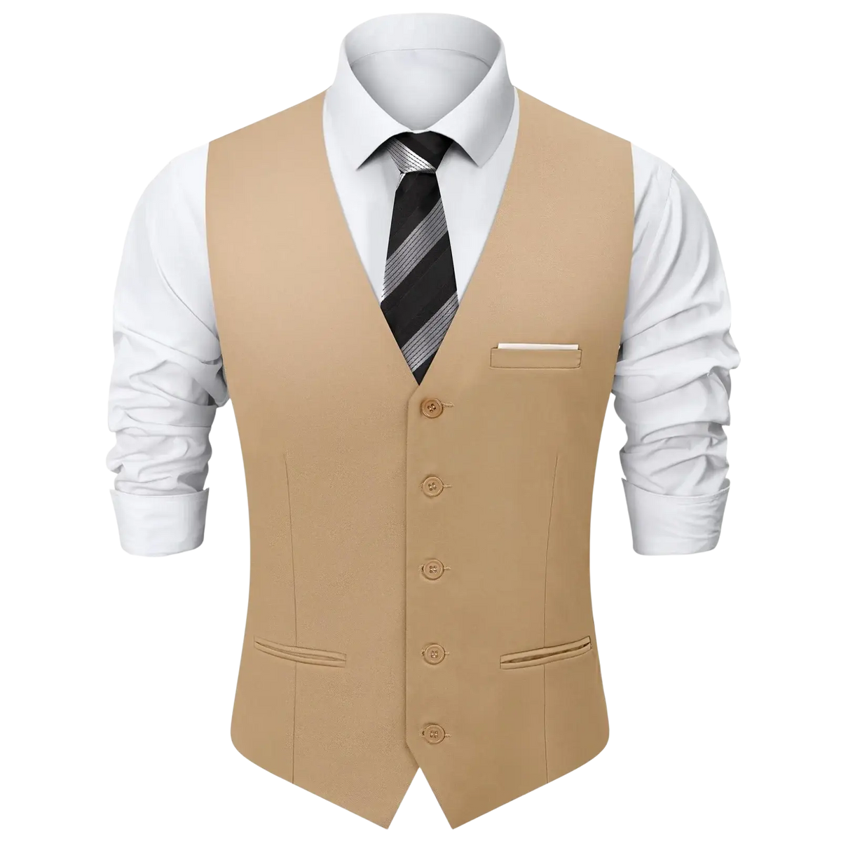 Beige men’s formal vest with five matching buttons and pocket square for black mens formal suit waistcoat business wedding