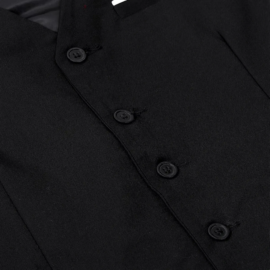 Black mens formal suit vest in black with subtle textured weave and matching buttons for business and wedding wear