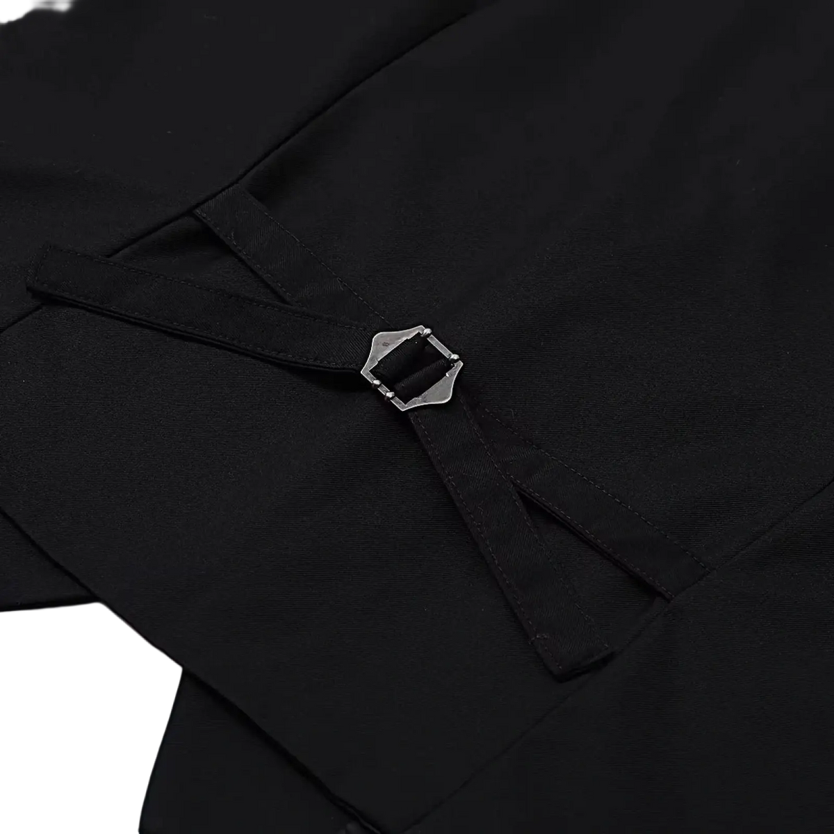 Black mens formal suit vest waistcoat with a black fabric belt and silver toned metal buckle for business or wedding use