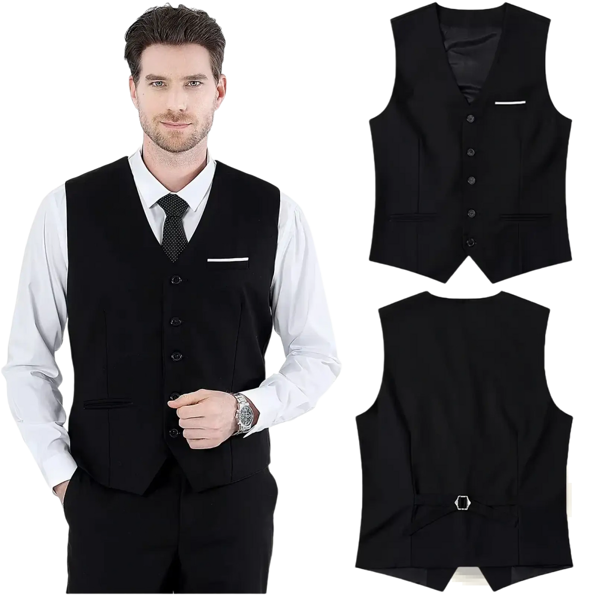 Black mens formal suit vest with five buttons, welt pocket, and matching black satin lining for business or wedding
