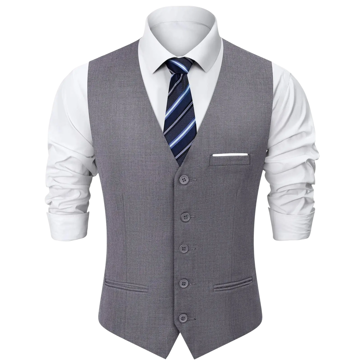 Gray textured wool vest with five matching buttons and single breast pocket for black mens formal business suit