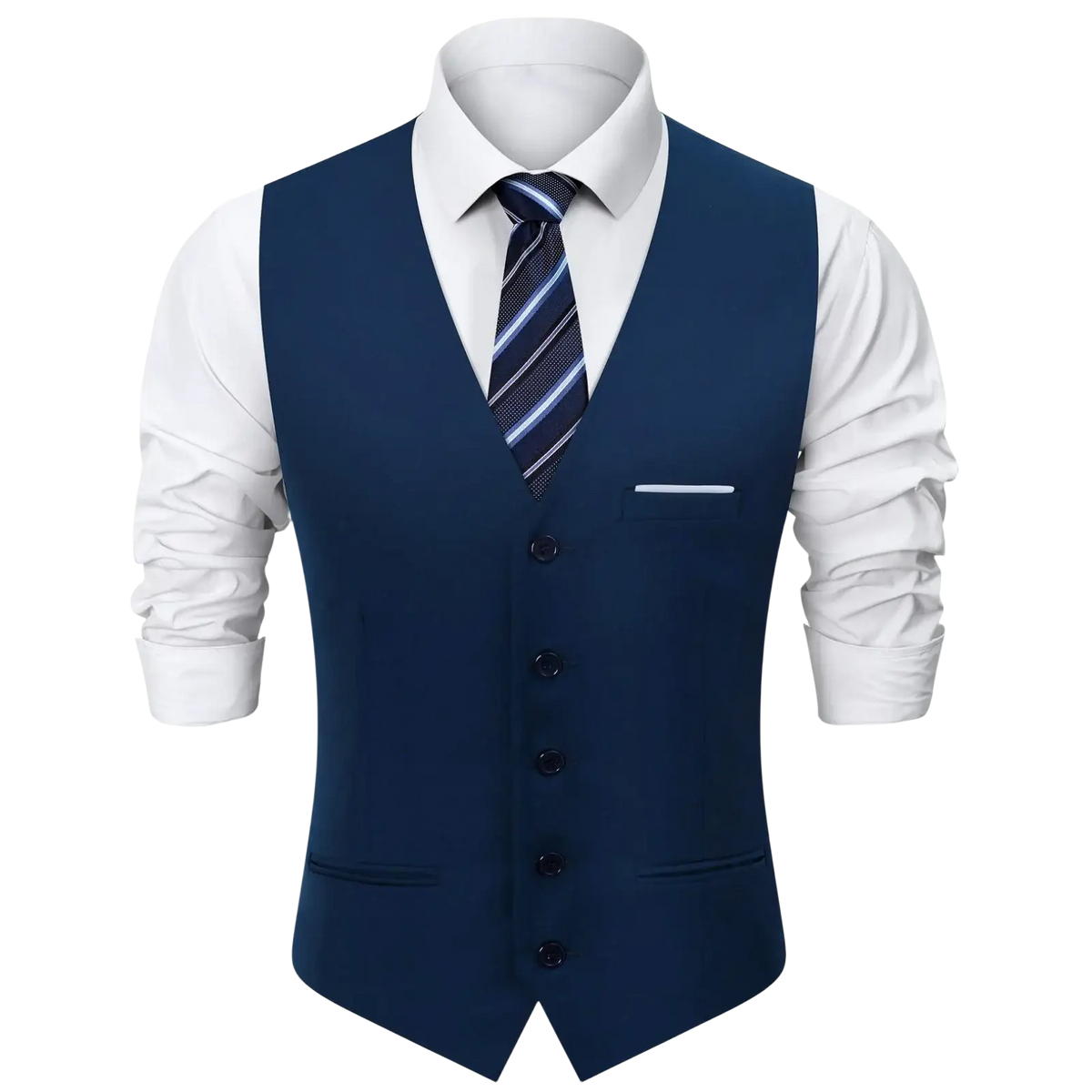 Navy blue tailored mens formal suit vest with black buttons and white pocket square for business and weddings