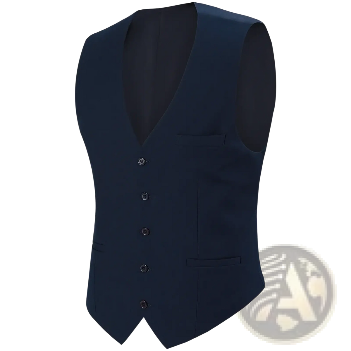 Black mens formal suit vest in sleek navy blue with v-neckline, five buttons, and two flap pockets for business or wedding use