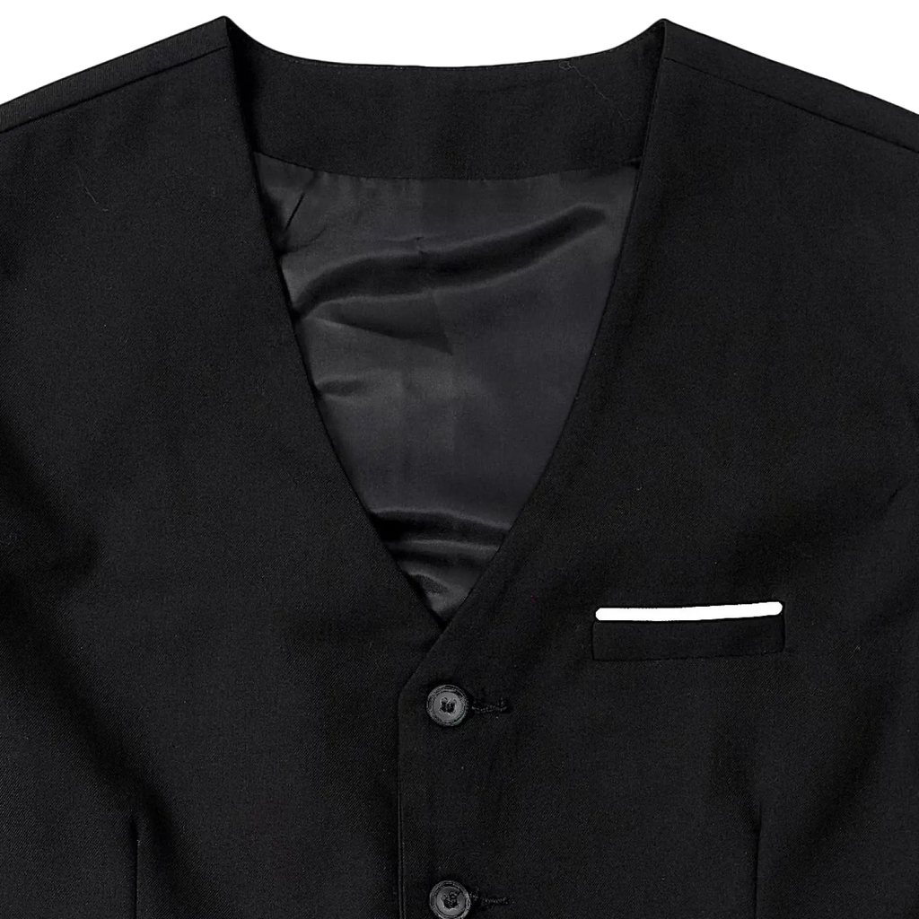 Black mens formal suit vest with satin-lined interior and subtle white pocket square for business and weddings