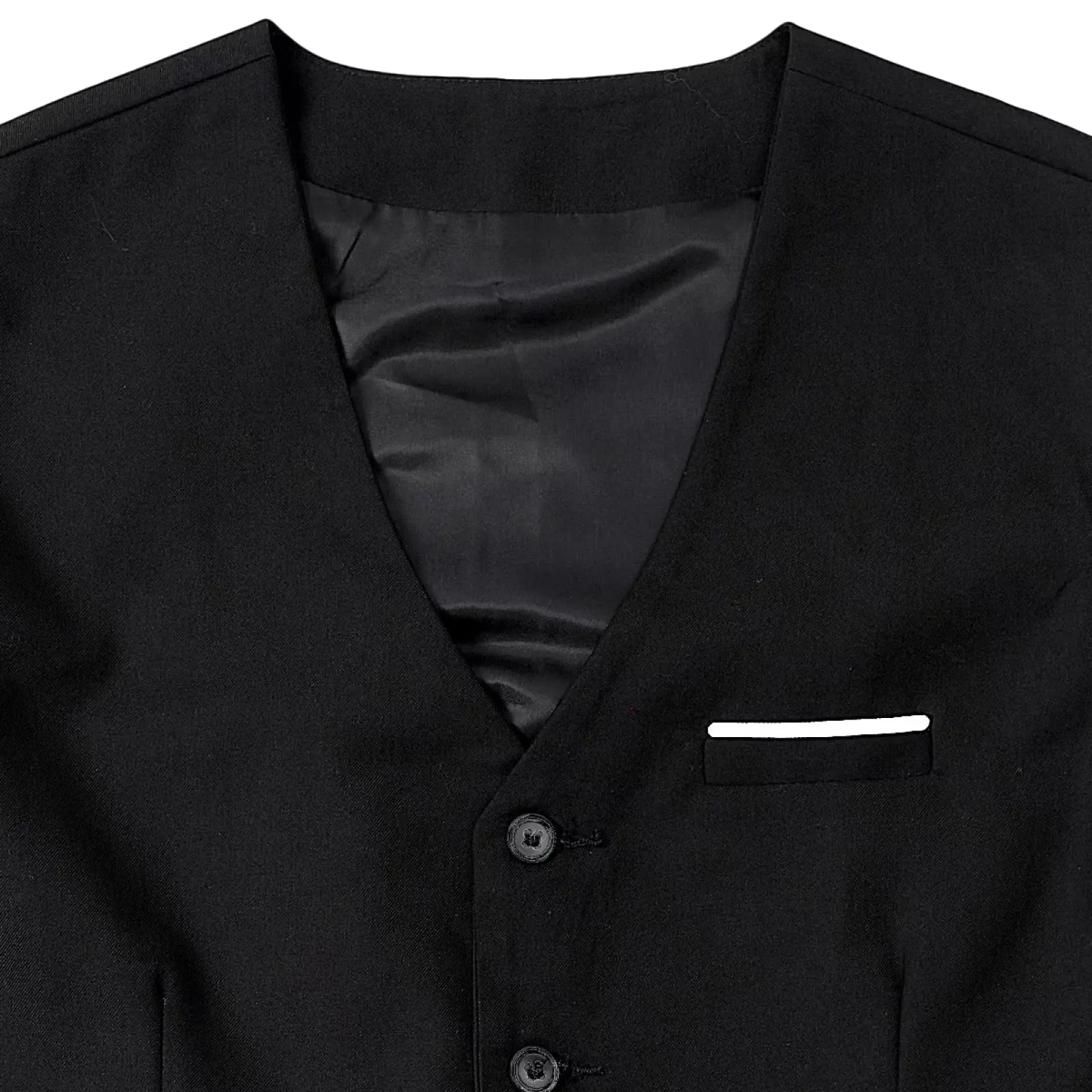 Black mens formal suit vest with satin-lined interior and subtle white pocket square for business and weddings