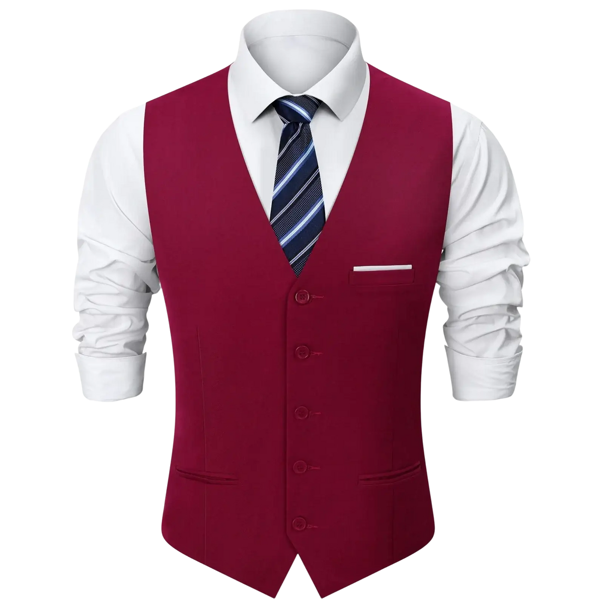 A sleek burgundy wool mens formal suit vest with five-button front and matching pocket square for business and weddings