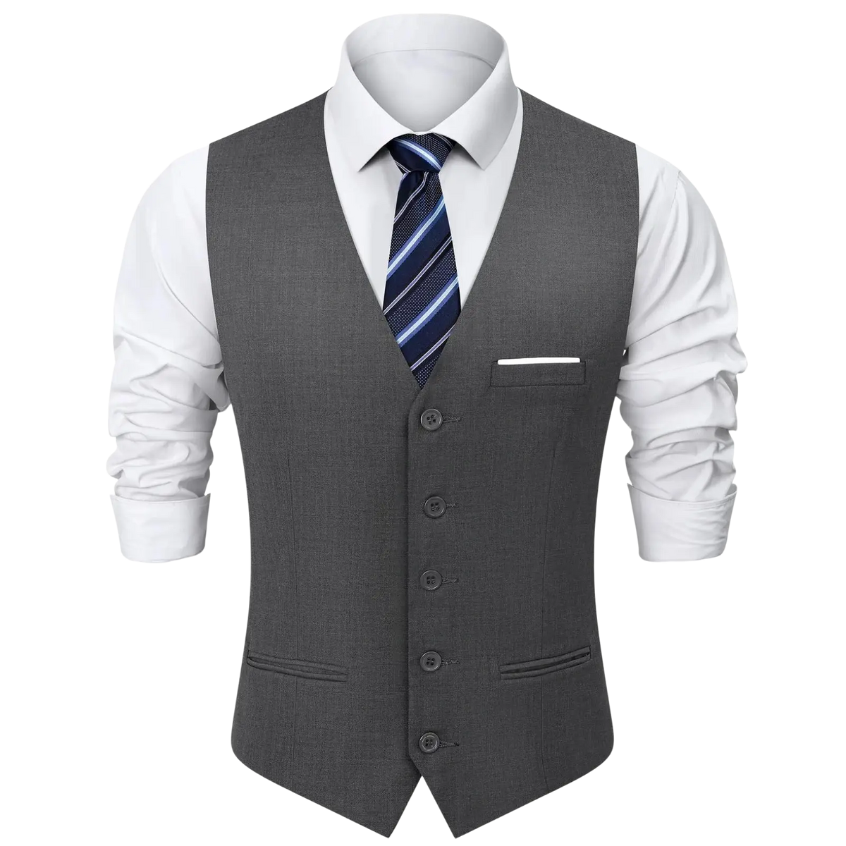 A sleek dark gray textured wool black mens formal suit vest with five buttons and matching pocket square for weddings
