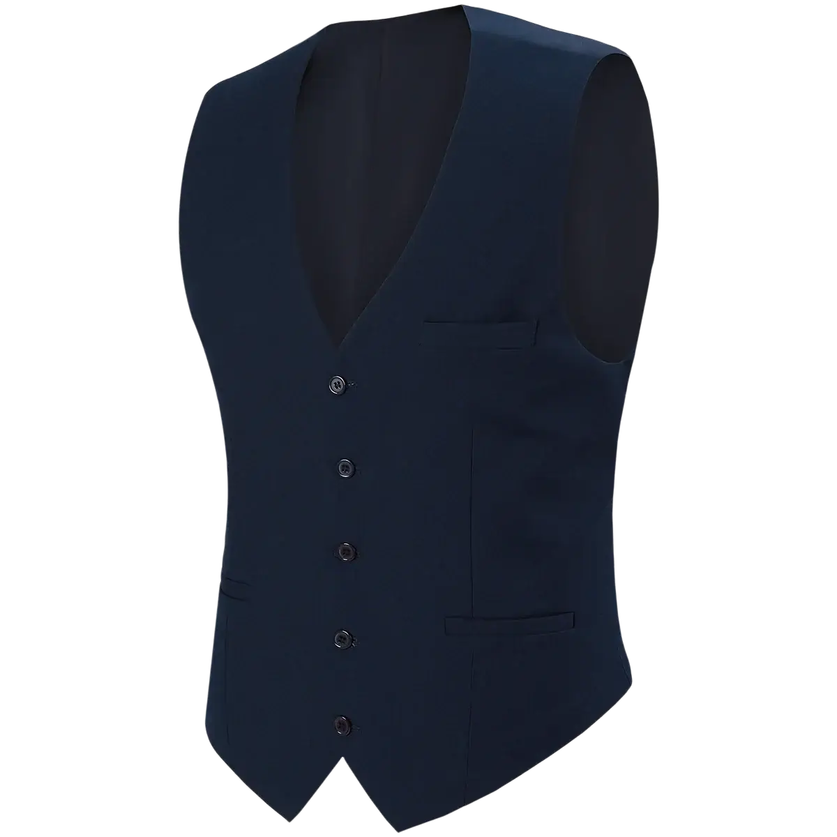 Black mens formal suit vest in sleek navy blue with v-neckline, five buttons, and two flap pockets for business or wedding use
