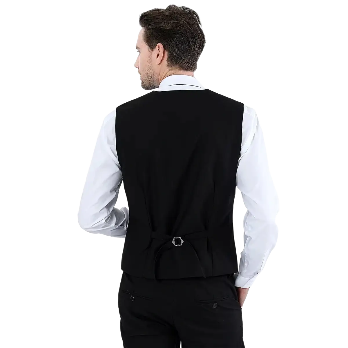 Black mens formal suit vest business wedding waistcoat showing the back with silver hexagonal buckle detail