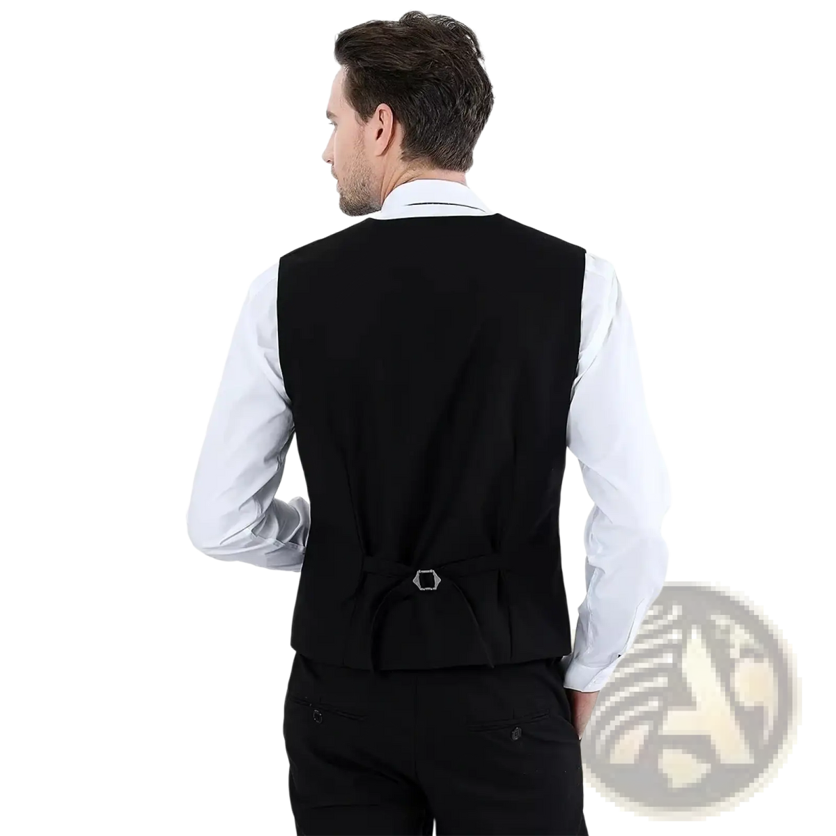 Black mens formal suit vest business wedding waistcoat showing the back with silver hexagonal buckle detail
