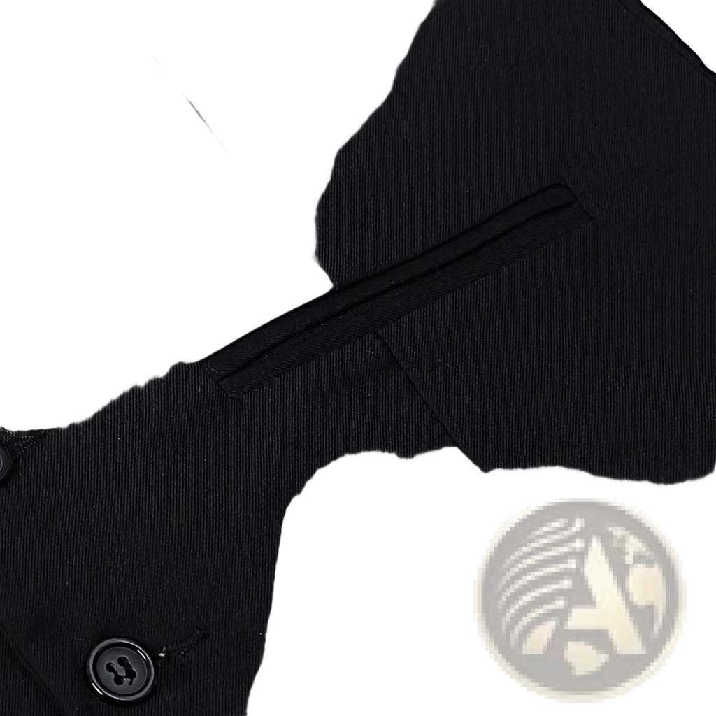 Black mens formal suit vest made of textured fabric with subtle diagonal seam and matching black buttons for business or wedding wear
