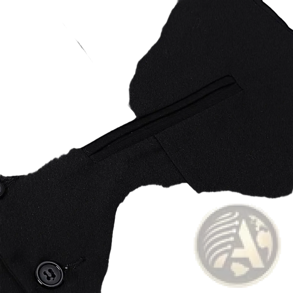 Black mens formal suit vest made of textured fabric with subtle diagonal seam and matching black buttons for business or wedding wear