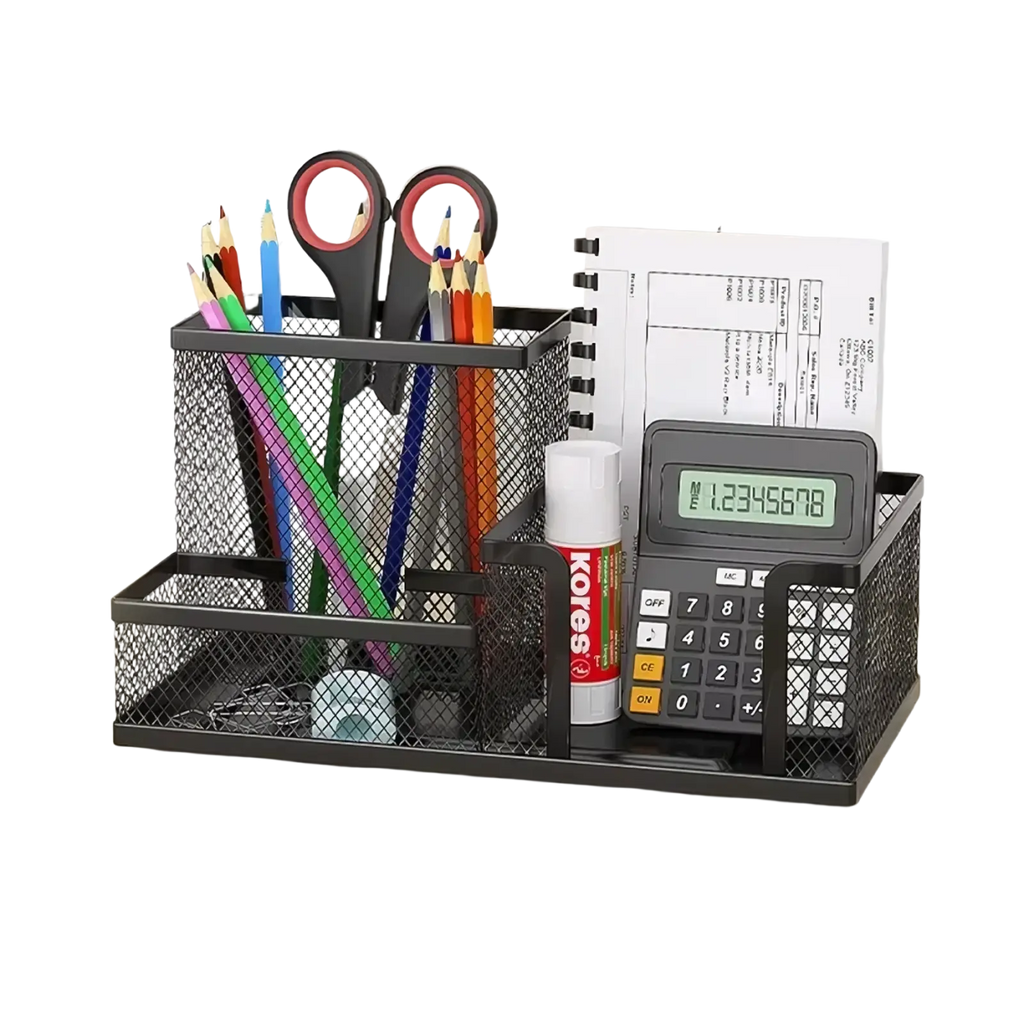 Black mesh desk organizer and pen caddy with 3-grid design, measuring 7.87 by 3.94 by 3.94 inches for office supplies
