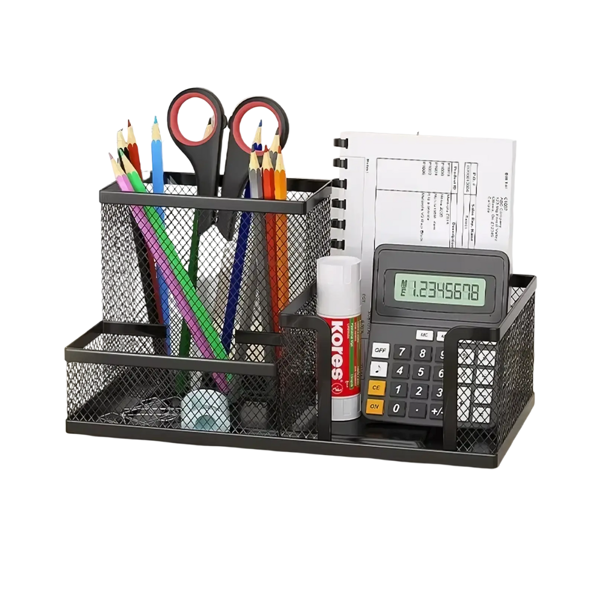 Black mesh desk organizer and pen caddy with 3-grid design, measuring 7.87 by 3.94 by 3.94 inches for office supplies
