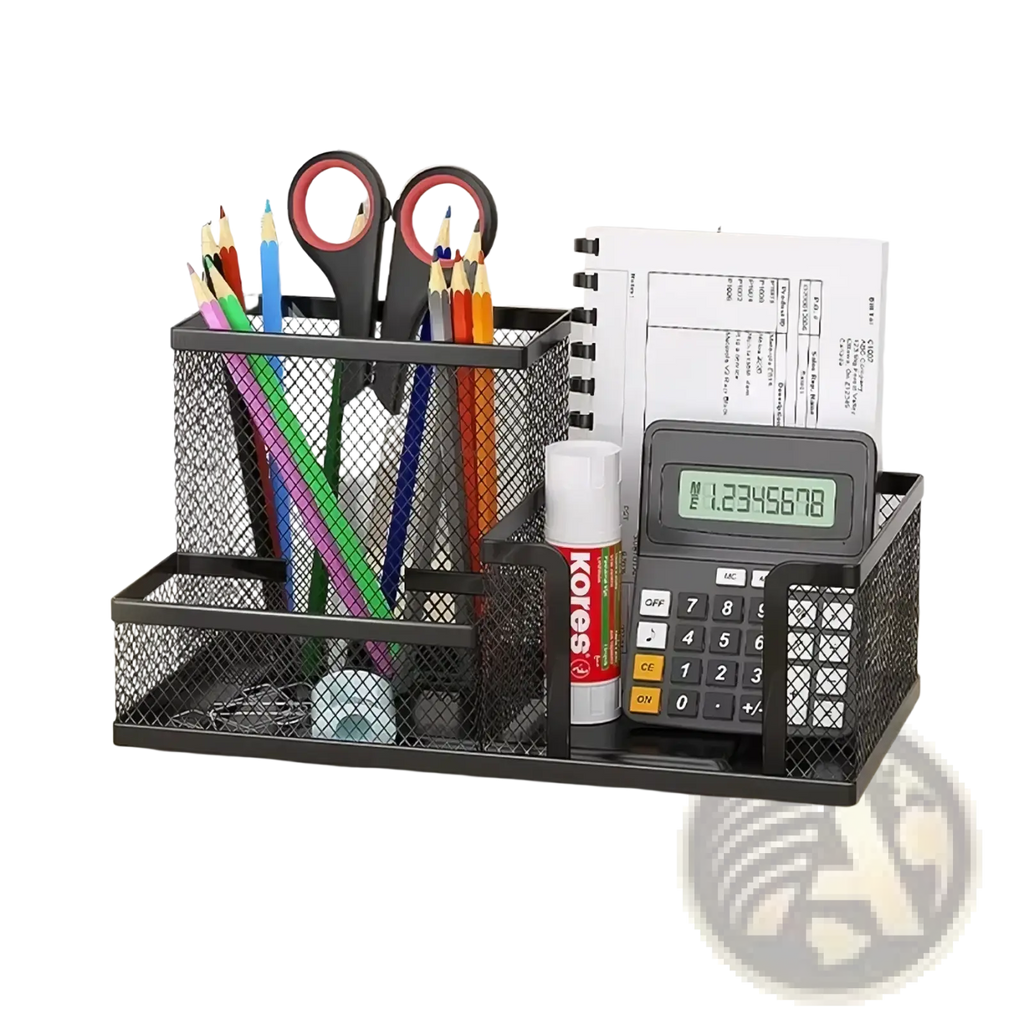 Black mesh desk organizer and pen caddy with 3-grid design, measuring 7.87 by 3.94 by 3.94 inches for office supplies