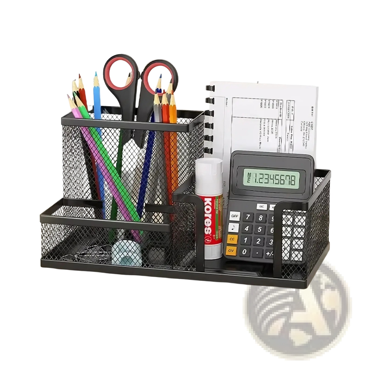 Black mesh desk organizer and pen caddy with 3-grid design, measuring 7.87 by 3.94 by 3.94 inches for office supplies