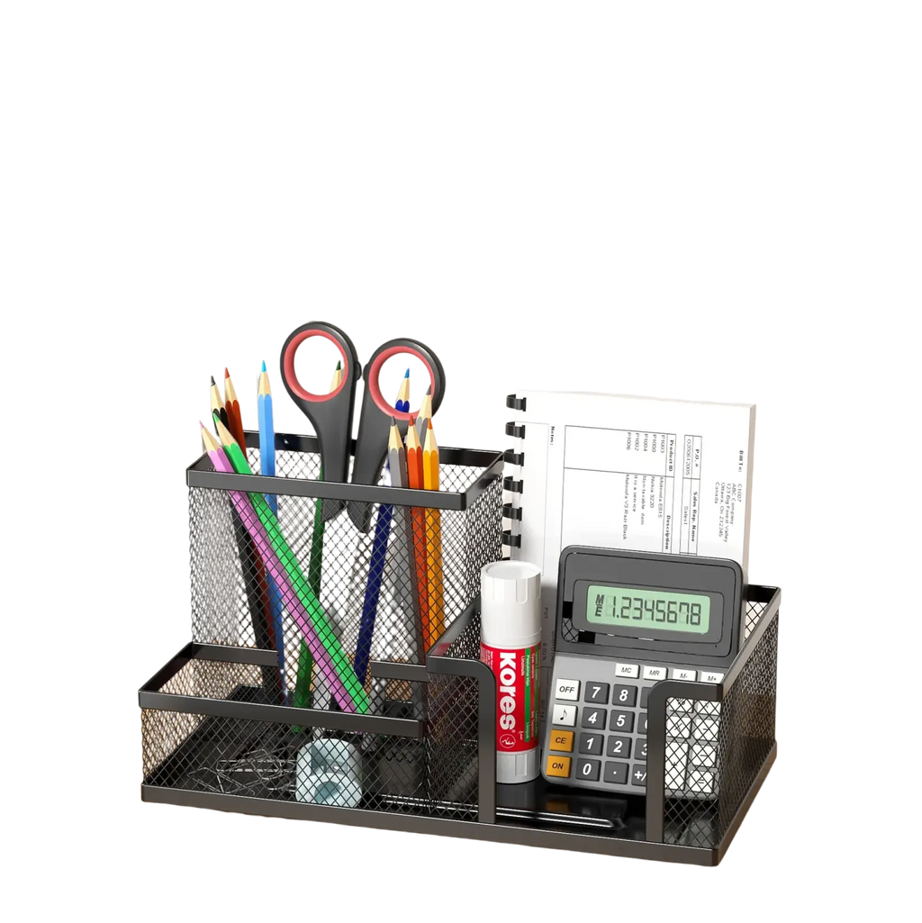 Black mesh desk organizer and pen caddy with multiple compartments holding pencils scissors calculator and glue stick