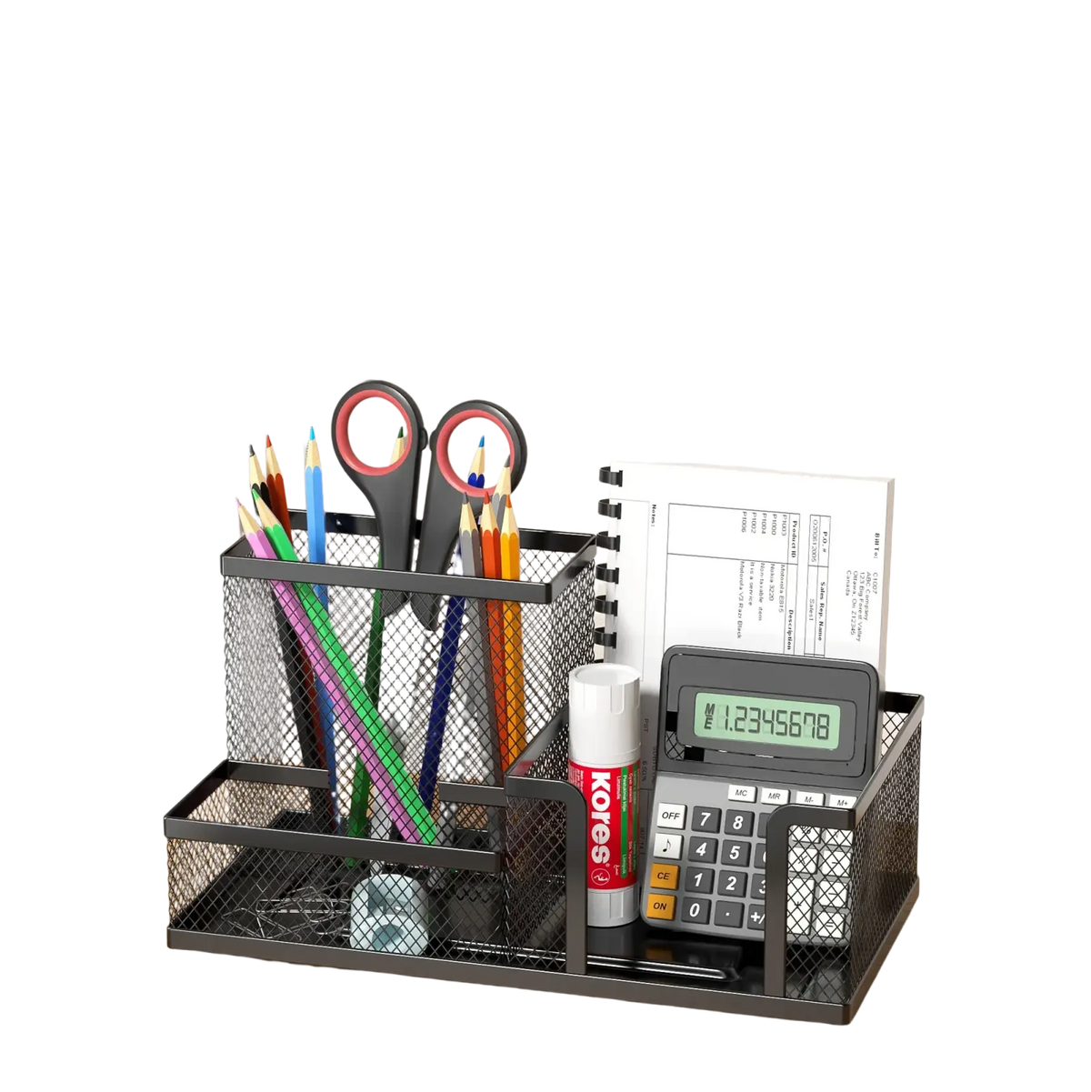 Black mesh desk organizer and pen caddy with multiple compartments holding pencils scissors calculator and glue stick