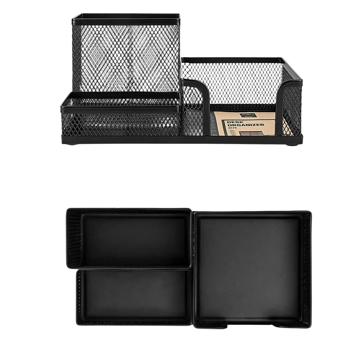 Black mesh desk organizer with three compartments and matching black plastic trays for office organization