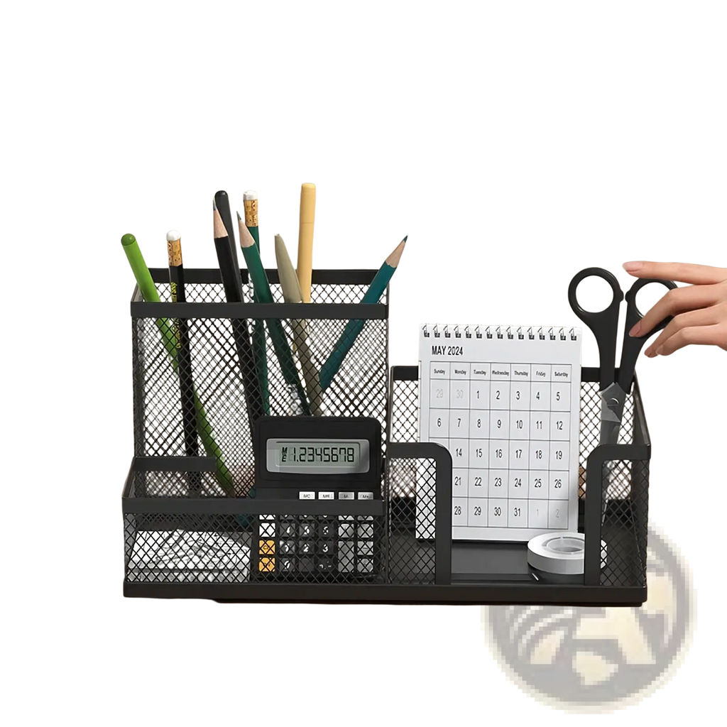Black mesh desk organizer and pen caddy with multiple compartments, integrated calculator, and calendar holder