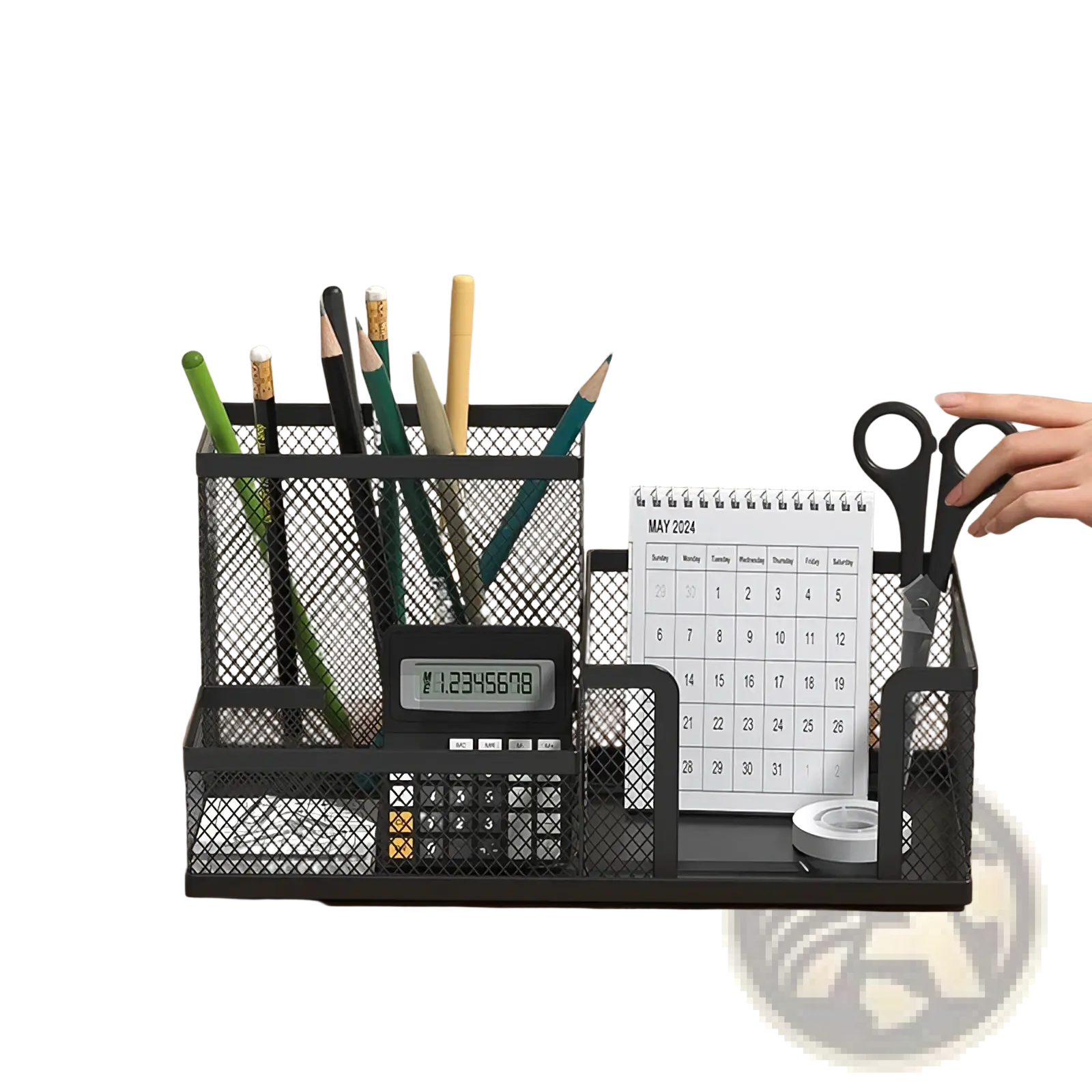 Black mesh desk organizer and pen caddy with multiple compartments, integrated calculator, and calendar holder