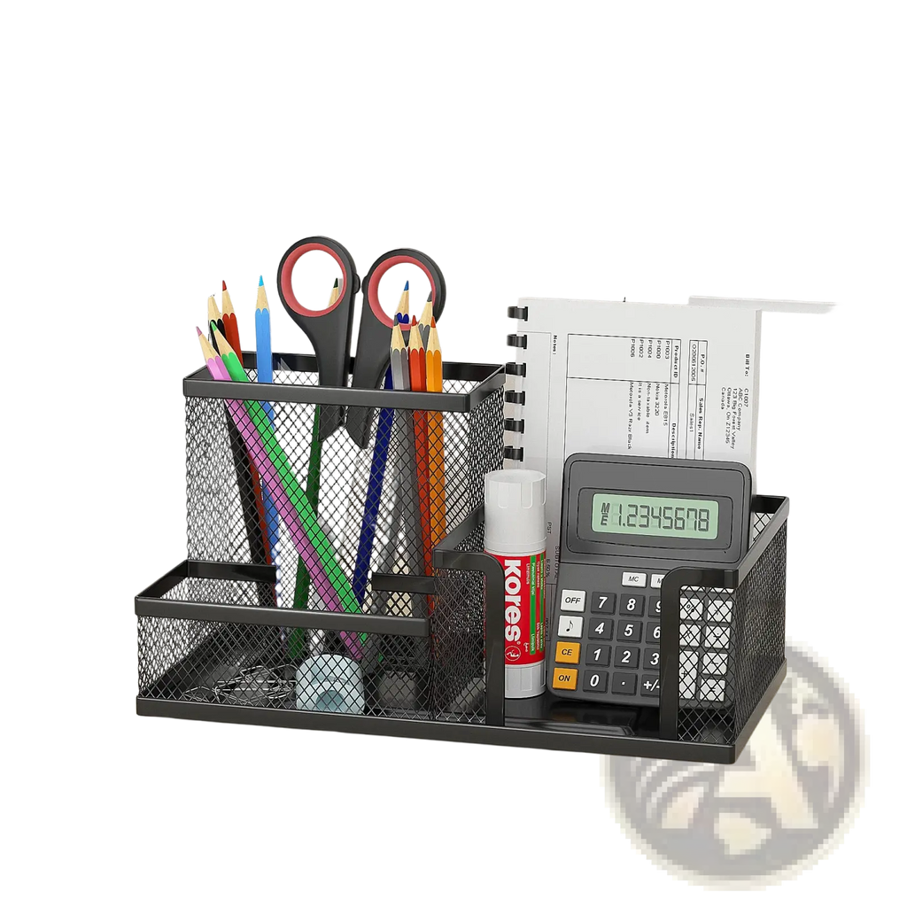 Black mesh desk organizer and pen caddy with multiple compartments holding pencils scissors glue stick and calculator