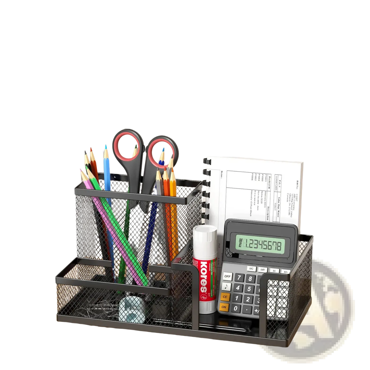 Black mesh desk organizer and pen caddy with multiple compartments holding pencils scissors calculator and glue stick