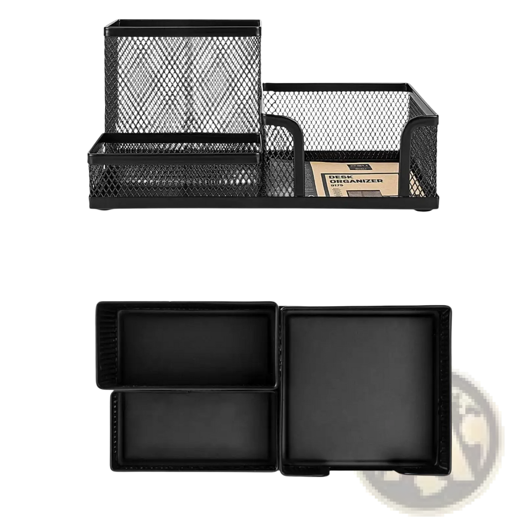 Black mesh desk organizer with three compartments and matching black plastic trays for office organization