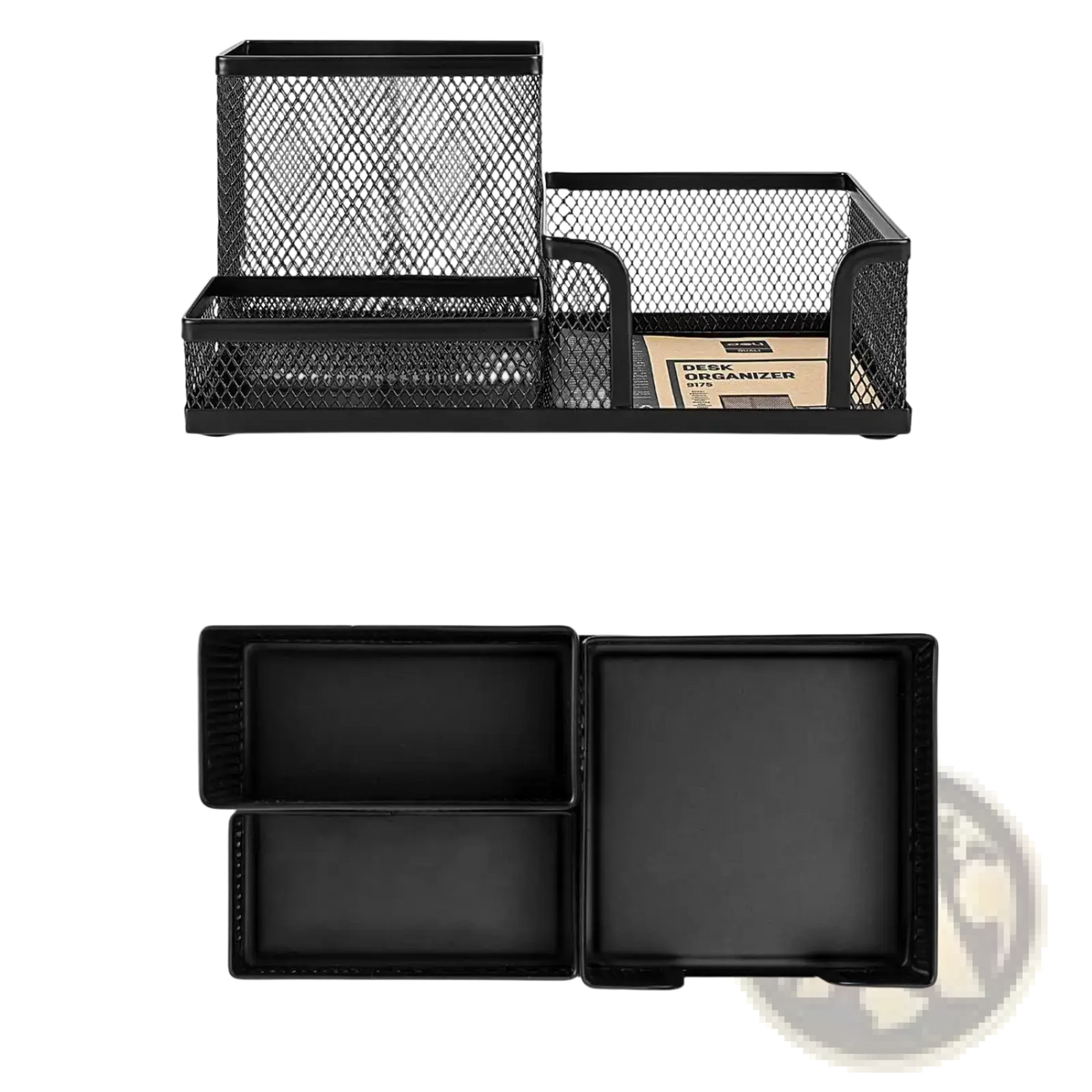 Black mesh desk organizer with three compartments and matching black plastic trays for office organization