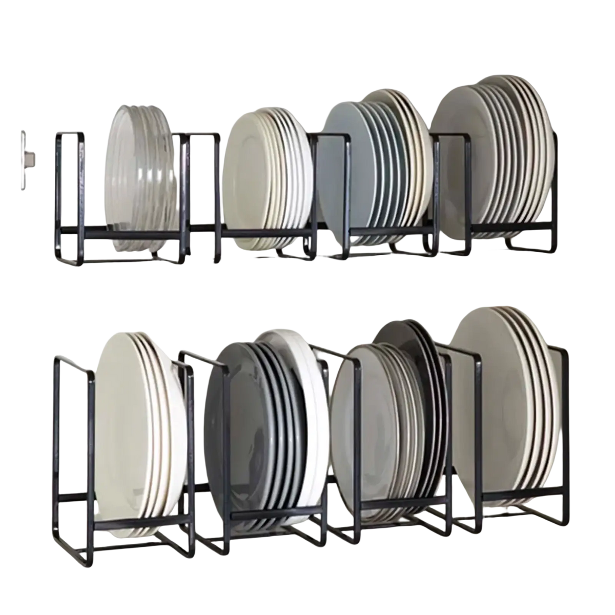 Black metal countertop dish rack and plate organizer holding stacks of white gray and clear plates
