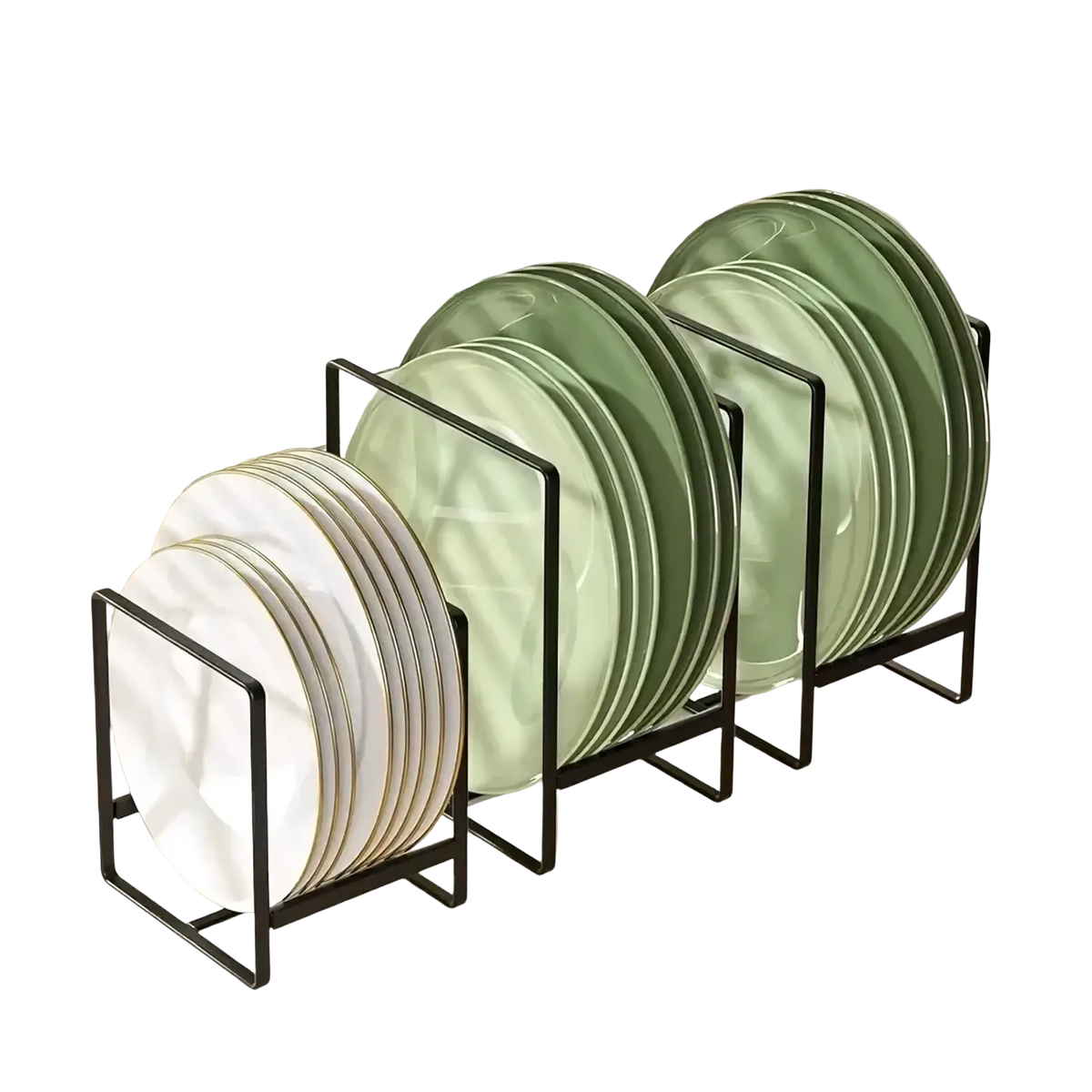Black metal countertop dish rack and plate organizer holding stacks of white and sage green ceramic plates