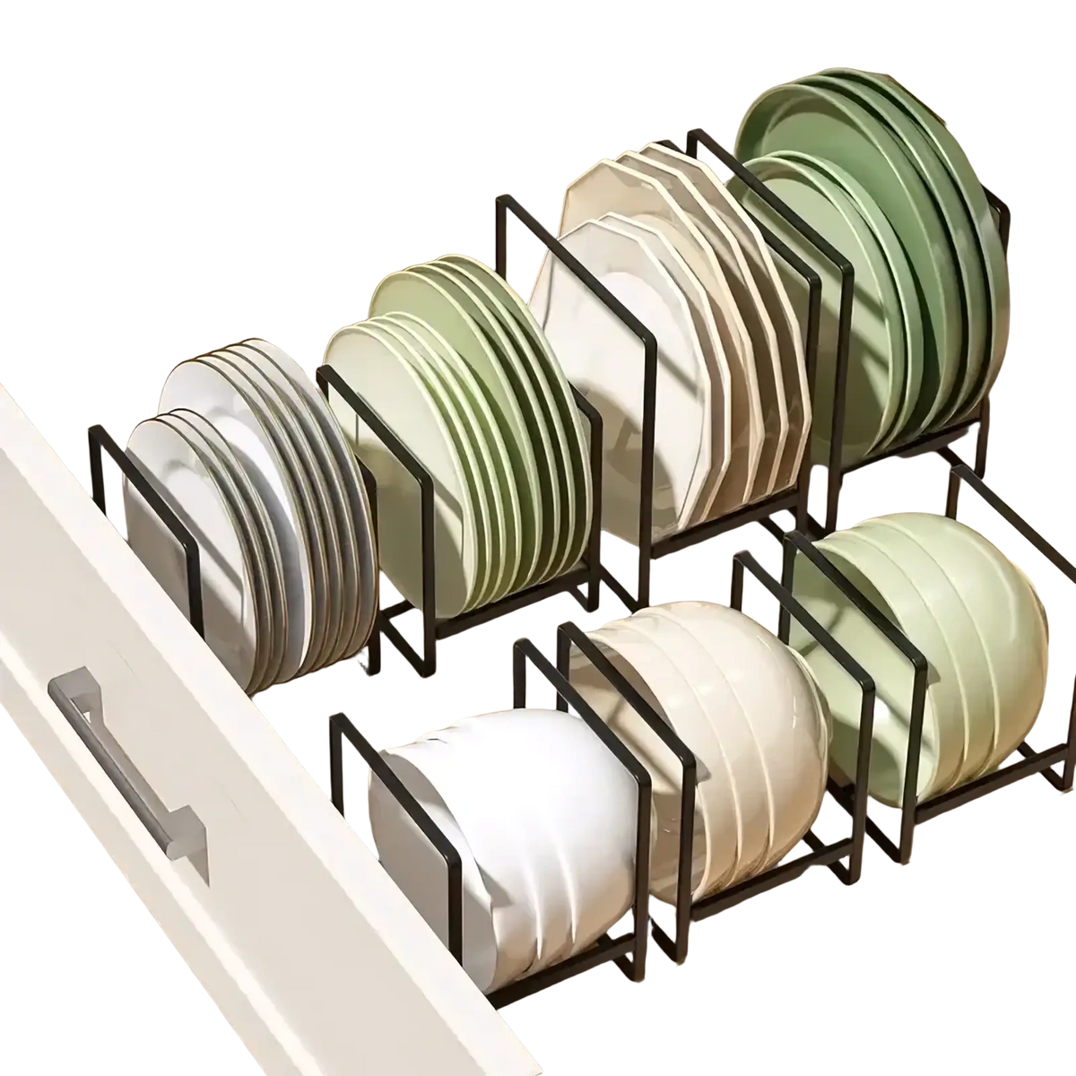Black metal countertop dish rack and plate organizer neatly organizing plates and bowls in a kitchen drawer