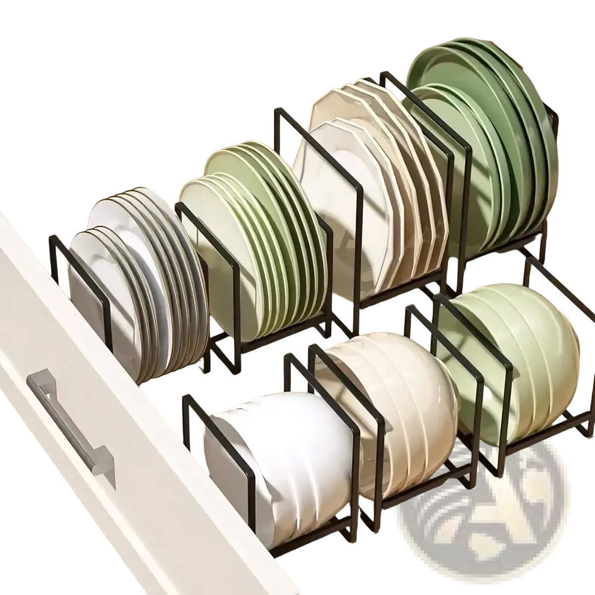 Black metal countertop dish rack and plate organizer neatly organizing plates and bowls in a kitchen drawer