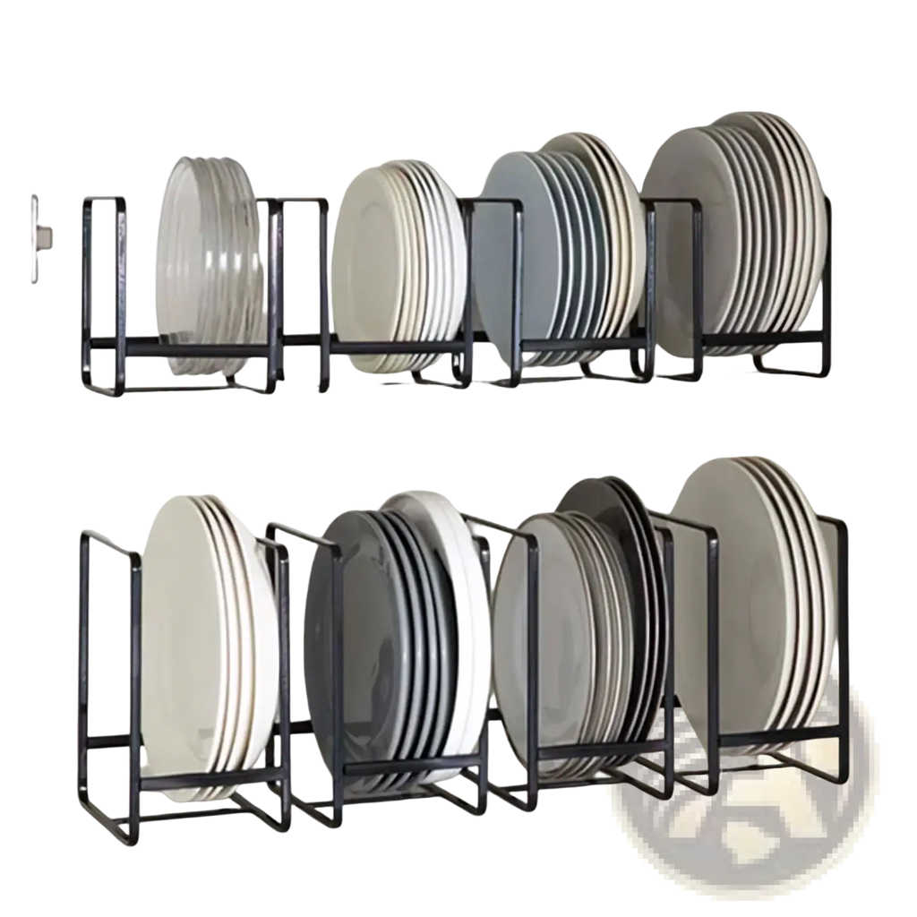 Black metal countertop dish rack and plate organizer holding stacks of white gray and clear plates