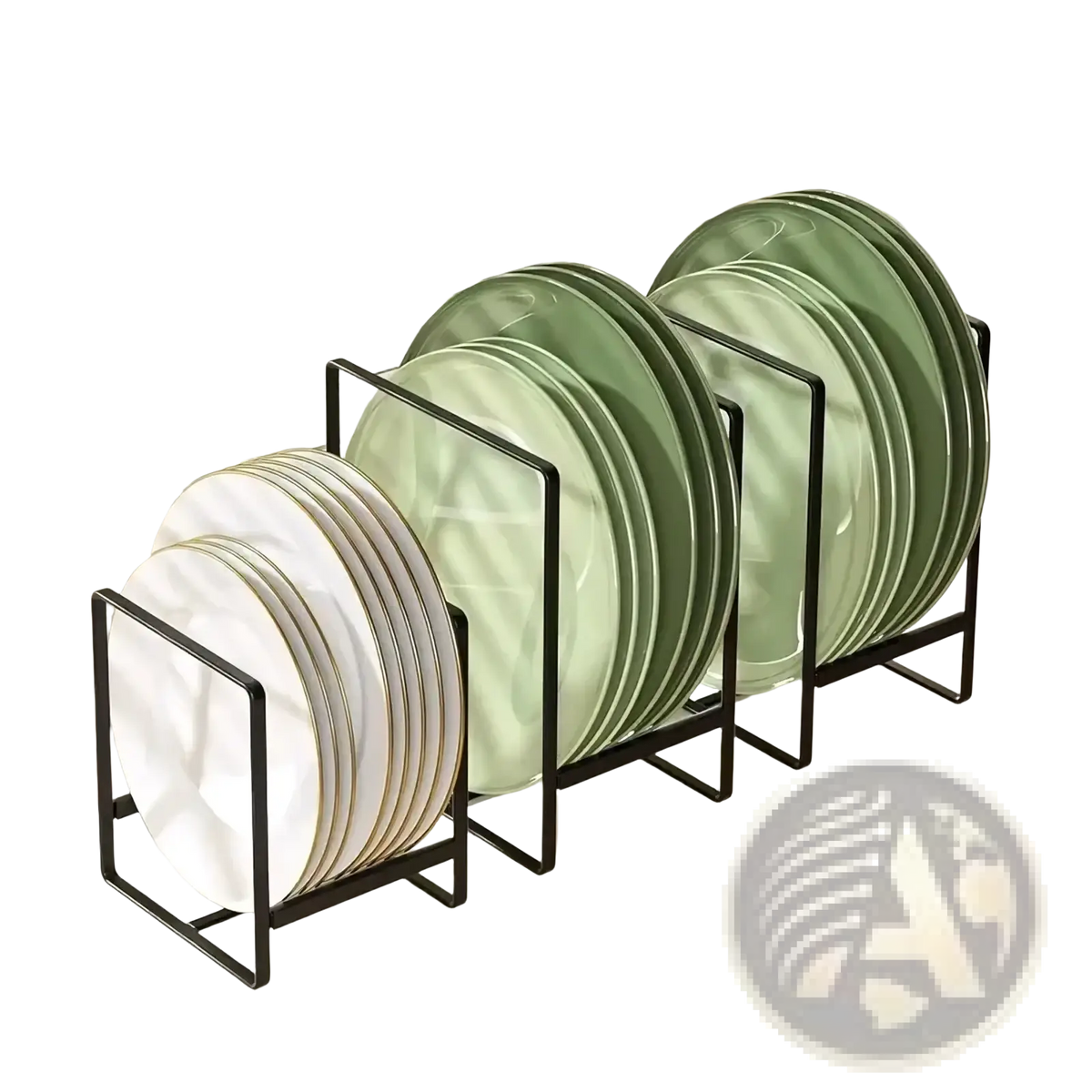 Black metal countertop dish rack and plate organizer holding stacks of white and sage green ceramic plates