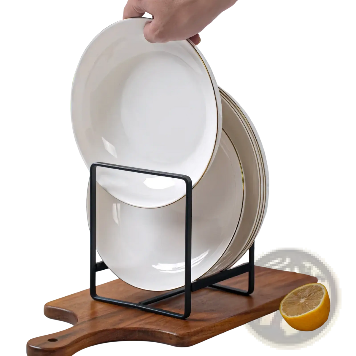 Black metal countertop dish rack and plate organizer holding white ceramic plates with gold rims stacked vertically