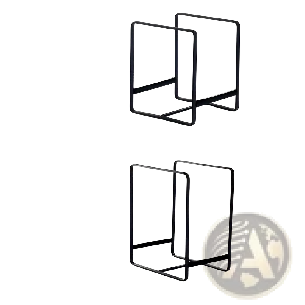 Black metal countertop dish rack with minimalist rectangular wire frame design for dish and plate organization