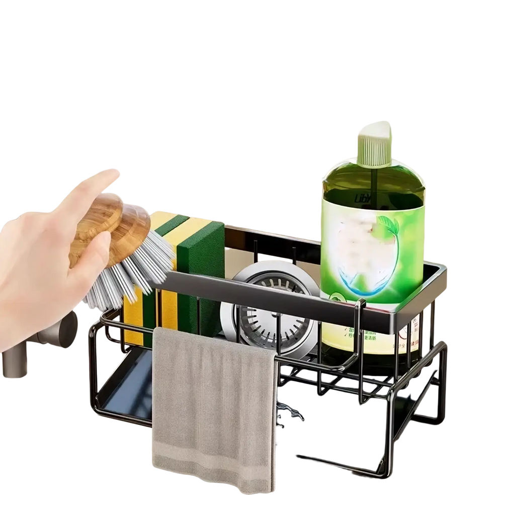 Black metal kitchen sink caddy and sponge holder with towel hanging and compartments for sponges brush and dish soap