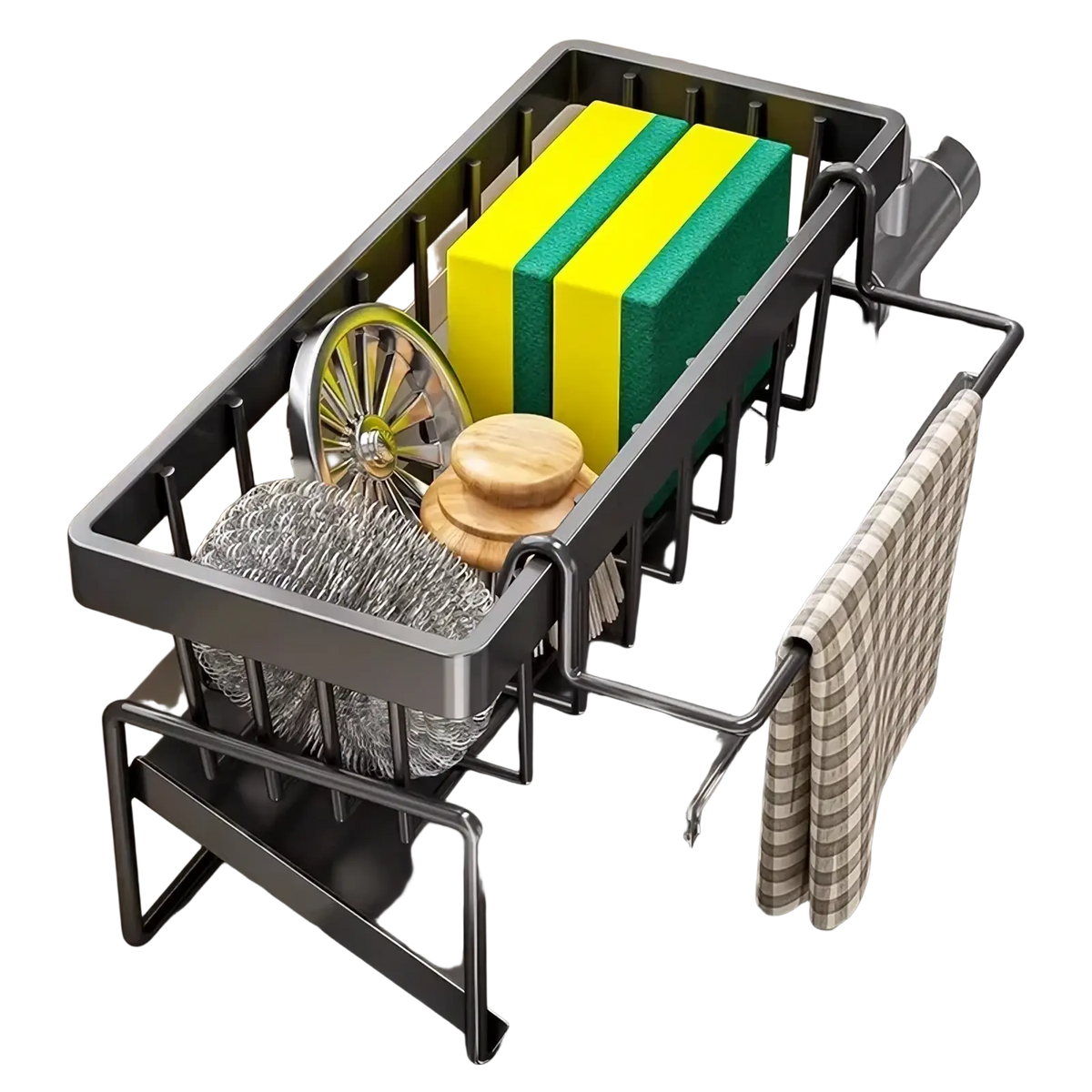 Black metal kitchen sink caddy holding yellow and green sponges wire brush and wooden lid for organized storage