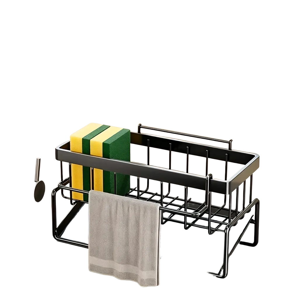 Black metal kitchen sink caddy and sponge holder with grid design holding green and yellow sponges and gray towel