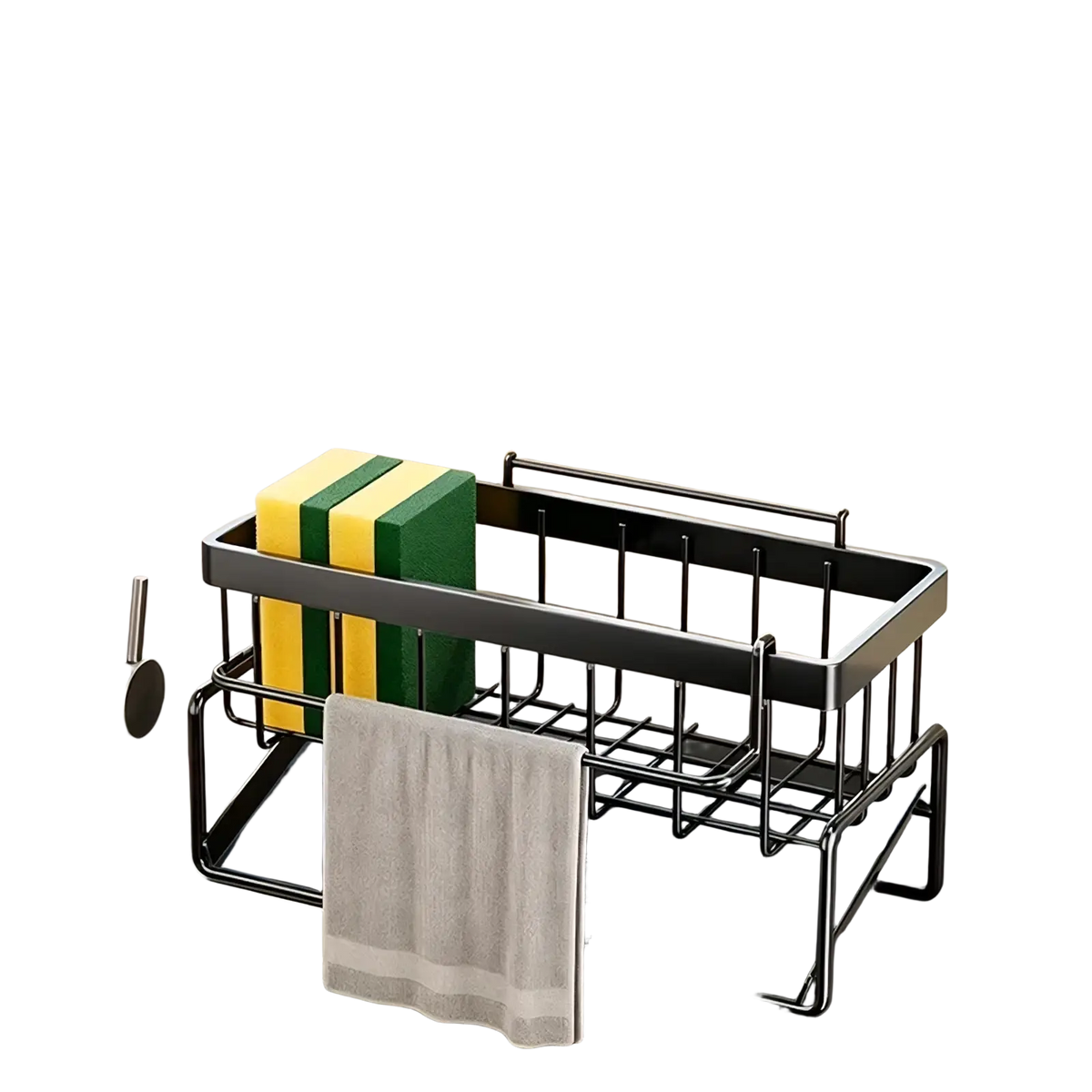 Black metal kitchen sink caddy and sponge holder with grid design holding green and yellow sponges and gray towel