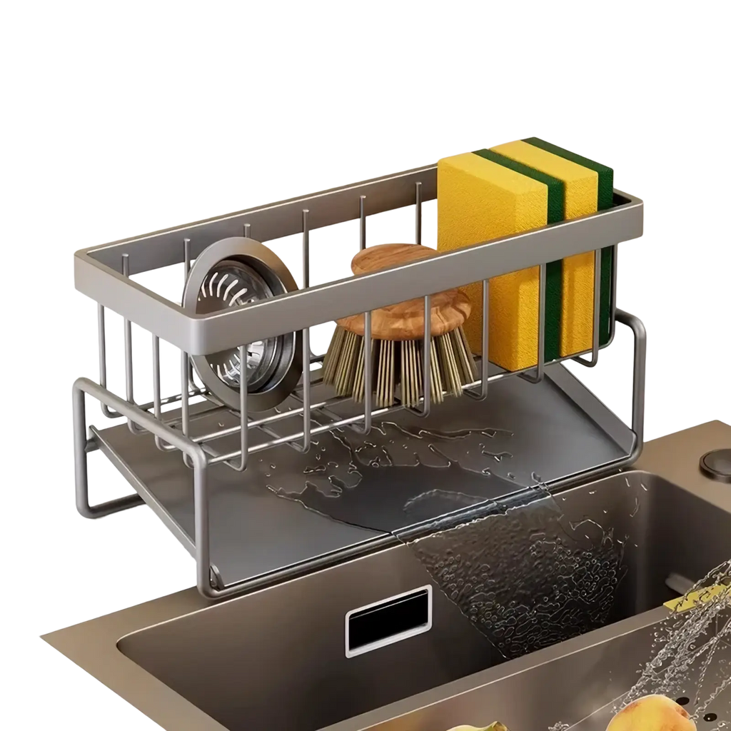 Black metal kitchen sink caddy and sponge holder with silver metal rectangular frame and flat water-catching tray