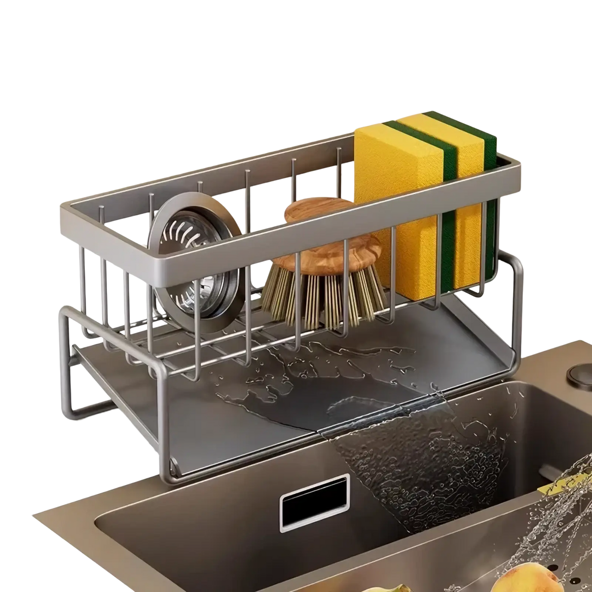 Black metal kitchen sink caddy and sponge holder with silver metal rectangular frame and flat water-catching tray